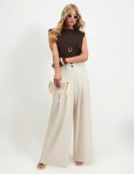 River Island High Waisted Wide Leg Trousers Cream