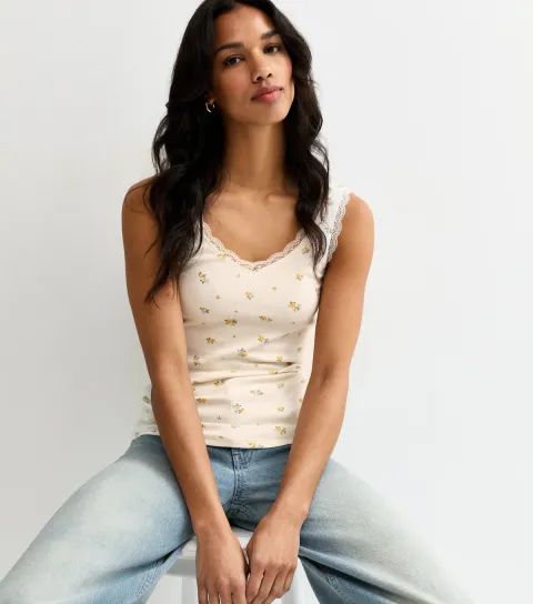 Women's White Ditsy Floral Lace Trim Vest Top