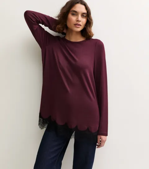 New Look Women's Tall Dark Burgundy Soft Touch Lace Hem Mini Dress