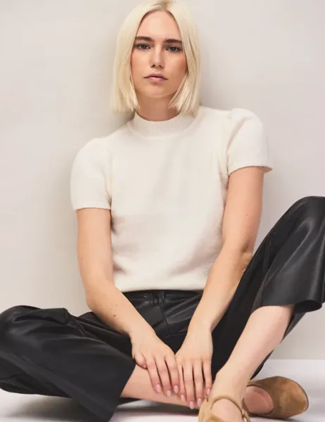 RO&ZO Alpaca & Wool Blend Puff Sleeve Knitted Top Ivory