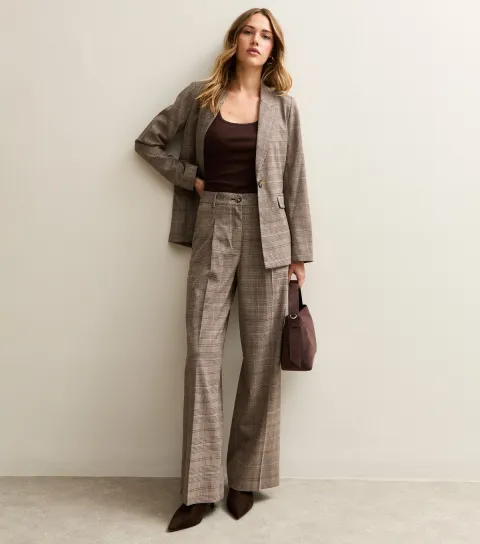 New Look Women's Brown Checked Wide Leg Pleat Front Trousers