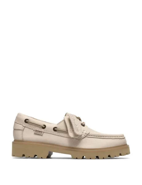 Clarks Leather Block Heel Boat Shoes Cream