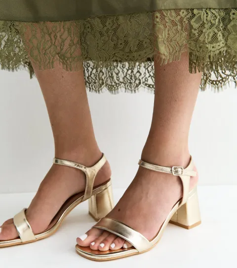 Women's Wide Fit Gold Faux Leather Block Heel Sandals Vegan