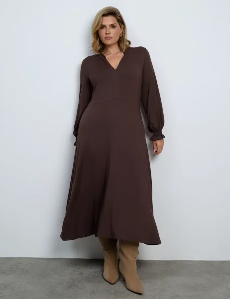 Live Unlimited London Jersey V-Neck Frill Detail Midaxi Tea Dress Chocolate