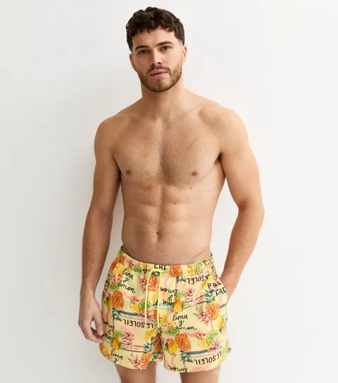 Men's Yellow Regular Tropical Swim Shorts