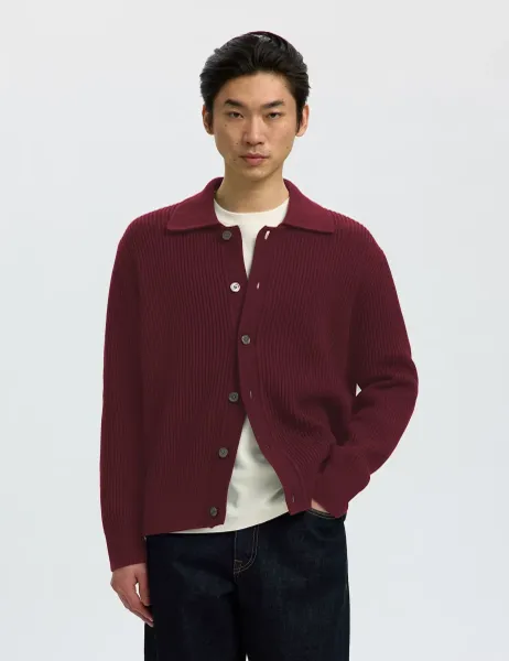 Selected Pure Cotton Rib-Knit Polo Cardigan Burgundy