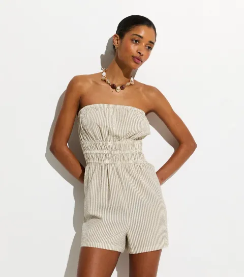 Women's Brown Woven Pinstriped Beach Bandeau Playsuit