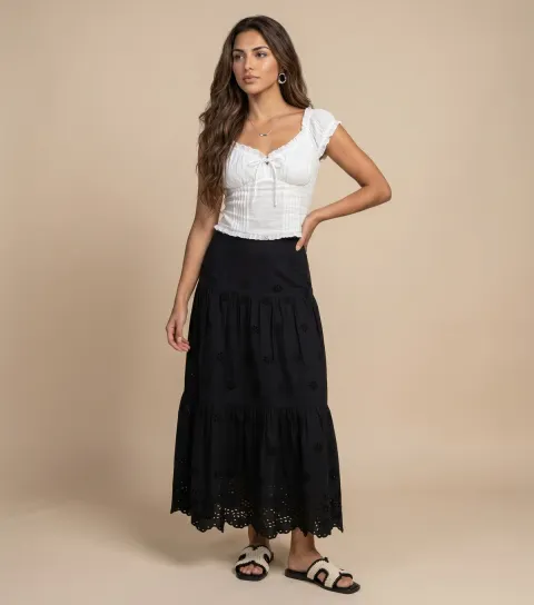 Women's Black Cotton Broderie Anglaise Maxi Skirt