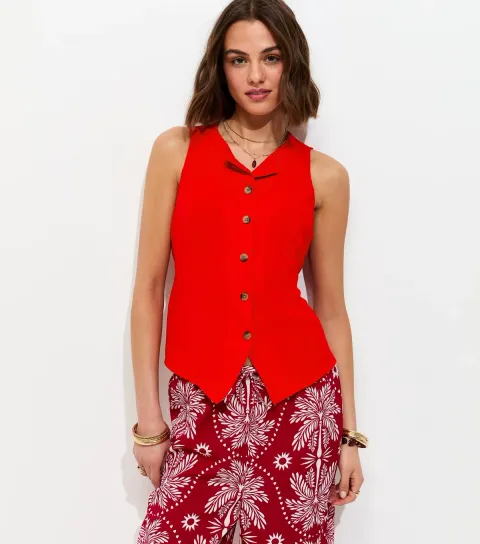 Women's Bright Red Crinkled Tie Back Waistcoat