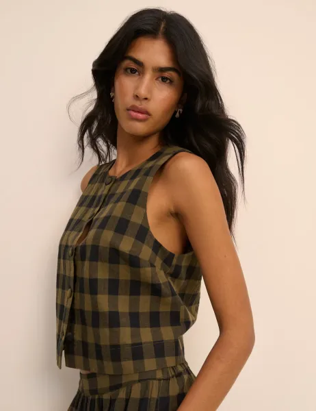Nobody's Child Pure Cotton Checked Button Through Tank Top Green