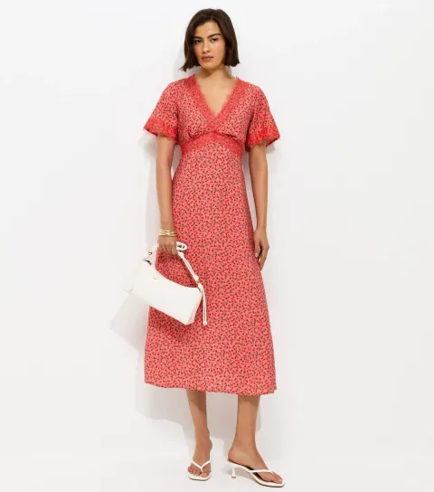 Women's Red Floral Ditsy Lace Tea Midi Dress