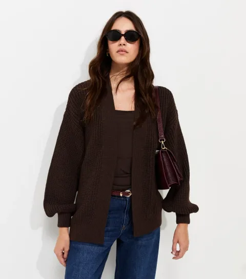 Women's Dark Brown Ribbed Knit Balloon Sleeve Cardigan