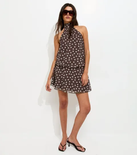Women's Brown Spot Print Halter Neck Mesh Mini Dress