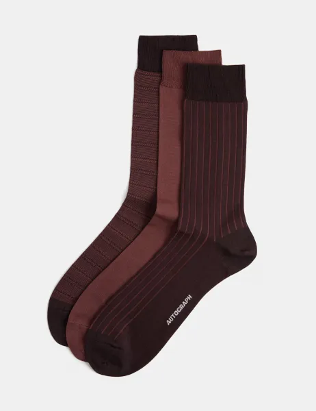 Autograph 3 Pack Cotton Rich Design Socks Burgundy Mix