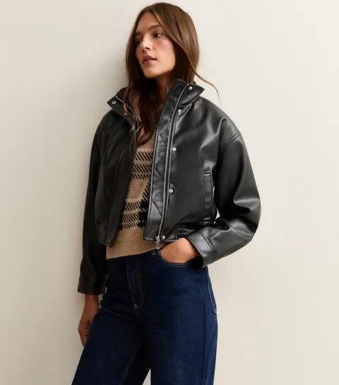 Women's Black High Neck Faux Leather Bomber Jacket