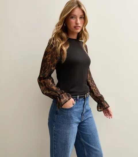 Women's Black Soft Touch Animal Print Chiffon Sleeve Top