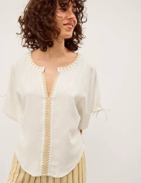 Monsoon Linen Blend Notch Neck Popover Blouse Ivory