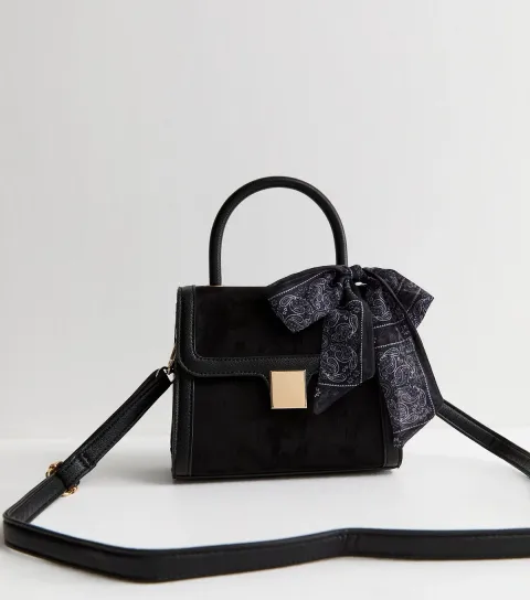 Black Faux Suede Scarf Trim Top Handle Bag Vegan