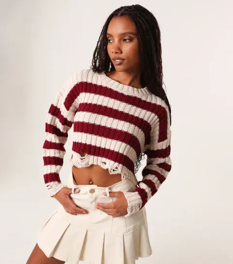 Women's Burgundy Striped Distressed Cropped Jumper