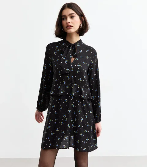 New Look Women's Black Floral Print Tie Neck Mini Dress