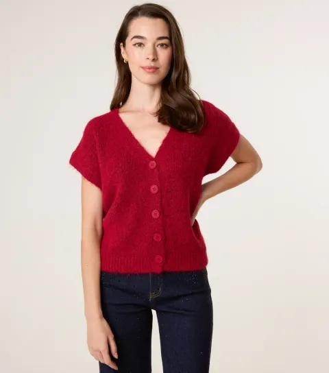 Women's Red Fluffy Short Sleeve Cardigan