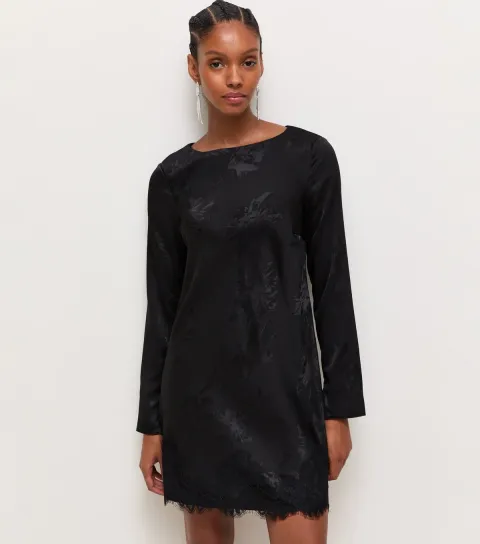 New Look Women's Black Satin Jacquard Lace Trim Long Sleeve Mini Dress
