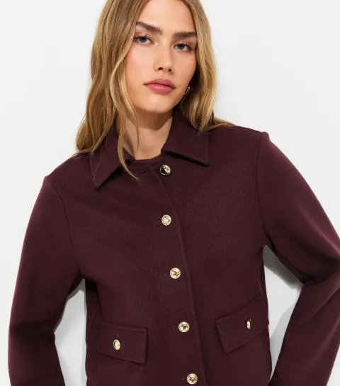 Women's Dark Burgundy Button Front Collared Shacket