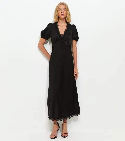 Women's Black Satin Lace Trim Tea Midi Dress