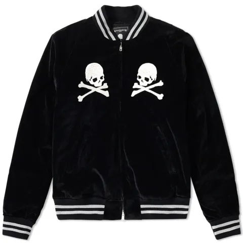 Velour Skull Embroidered Baseball Jacket