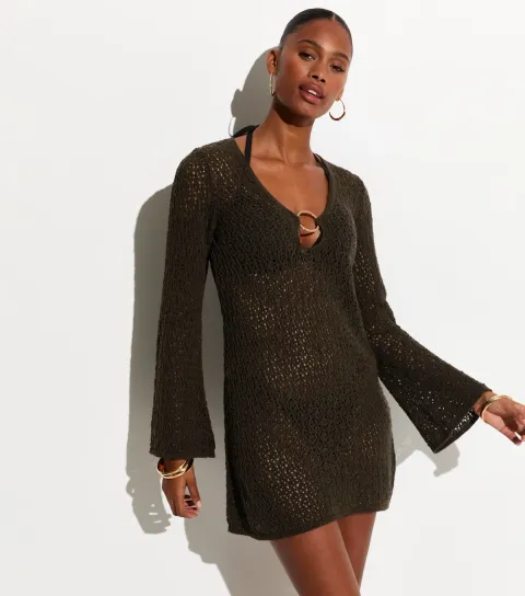 Women's Dark Brown O-Ring Crochet Beach Kaftan Dress