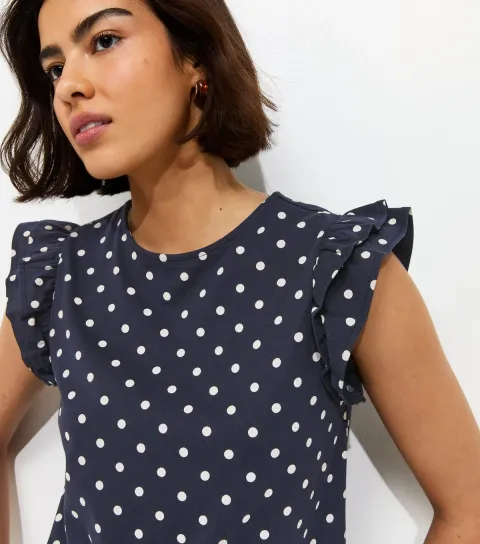 Women's Navy Spot Print Frill Sleeve Top