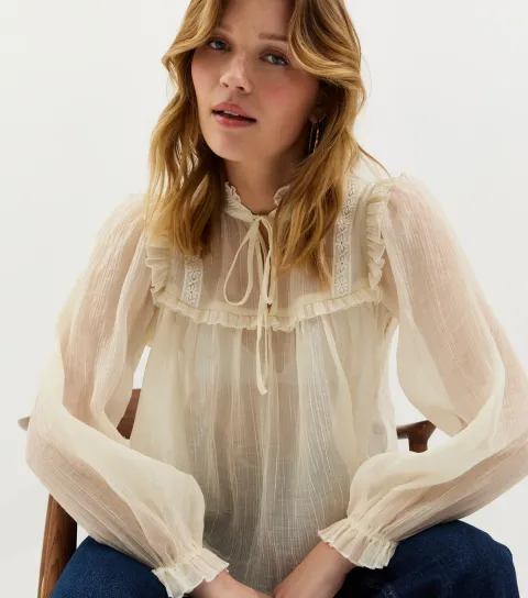 Women's Off White Sheer Lace Bib Crinkle Texture Blouse