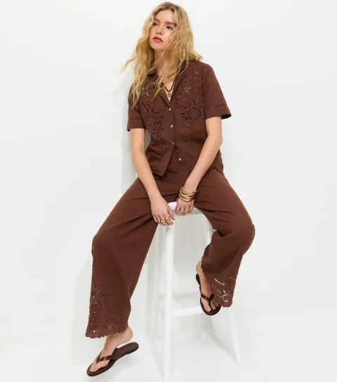 Women's Brown Wide Leg Broderie Wide Leg Trousers