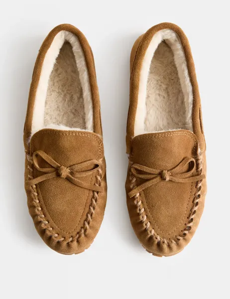 Marks & Spencer Suede Faux Fur Lined Moccasin Slippers Chestnut