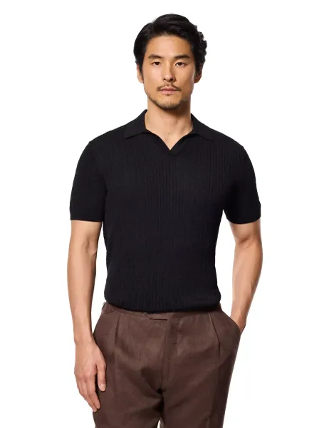 Hawes & Curtis Pure Cotton Cable Knit Polo Shirt Black