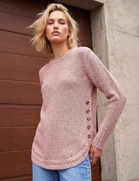 Roman Button Detail Curved Hem Jumper Light Pink