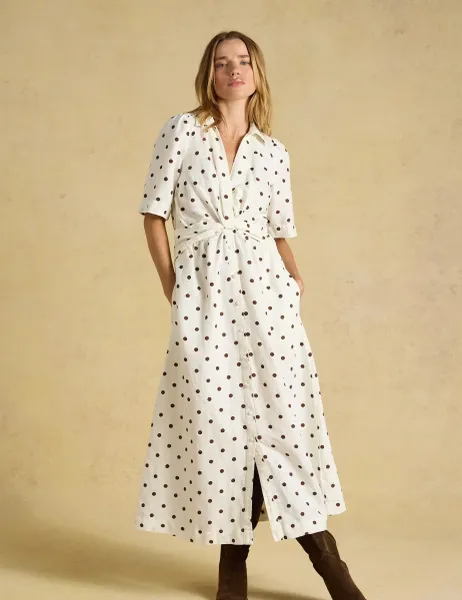 Linen Cotton Blend Polka Dot Midi Dress Cream Mix
