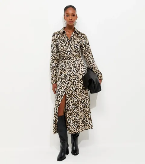 Women's Brown Leopard Print Satin Midi Shirt Dress