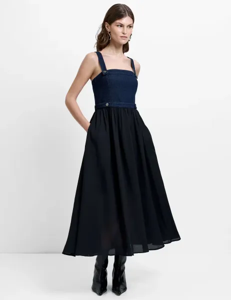French Connection Denim Square Neck Strappy Midi Skater Dress Black