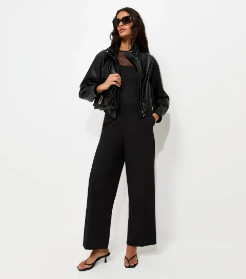 Women's Black Tailored Front Crease Wide Leg Trousers