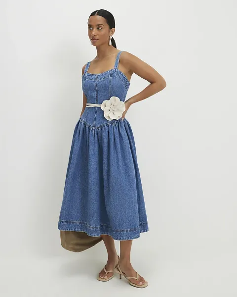 River Island Petite Seamed Midi Denim Swing Dress