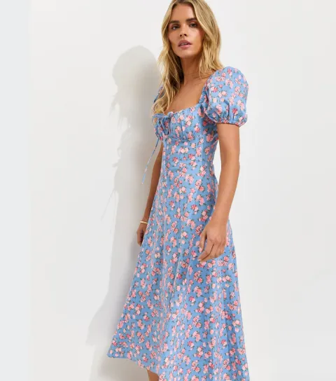 Women's Petite Blue Rose Print Milkmaid Midi Dress