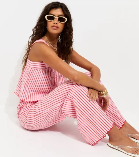 Women's Pink Cotton Seersucker Scalloped Edge Trousers