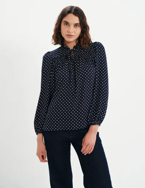 Finery London Polka Dot V-Neck Blouse Navy Mix