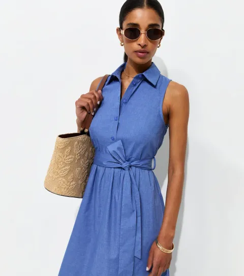 Women's Blue Chambray Sleeveless Midi Shirt Dress