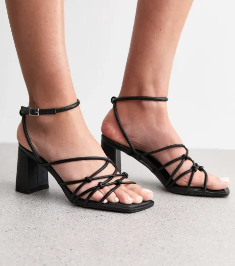 New Look Women's Black Faux Leather Knotted Strap Block Heel Sandals