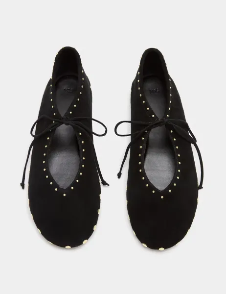 Marks & Spencer Suede Studded Tie Ballet Pumps Black
