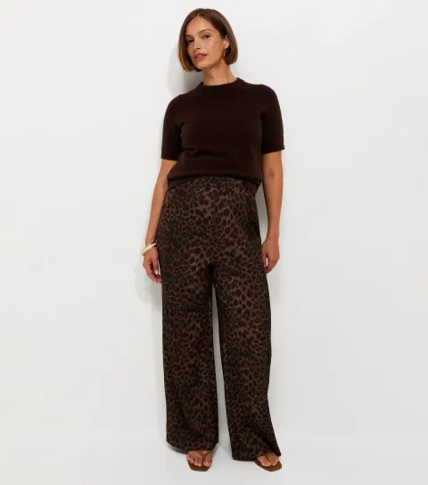 New Look Women's Maternity Brown Leopard Print Crinkle Texture Wide Leg Trousers