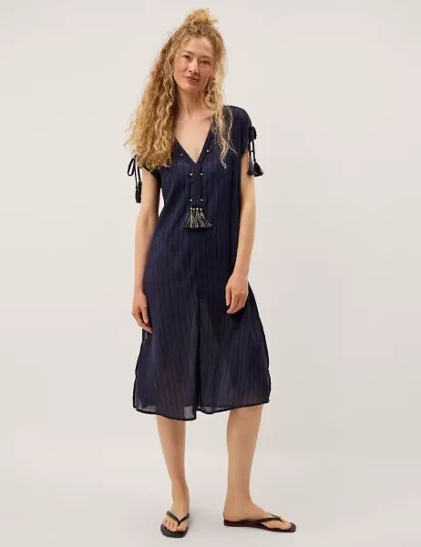 Monsoon Cotton Rich Striped Midi Kaftan Dress Navy