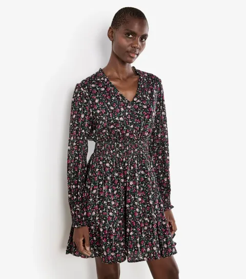 Women's Black Lurex Shirred Floral Dress